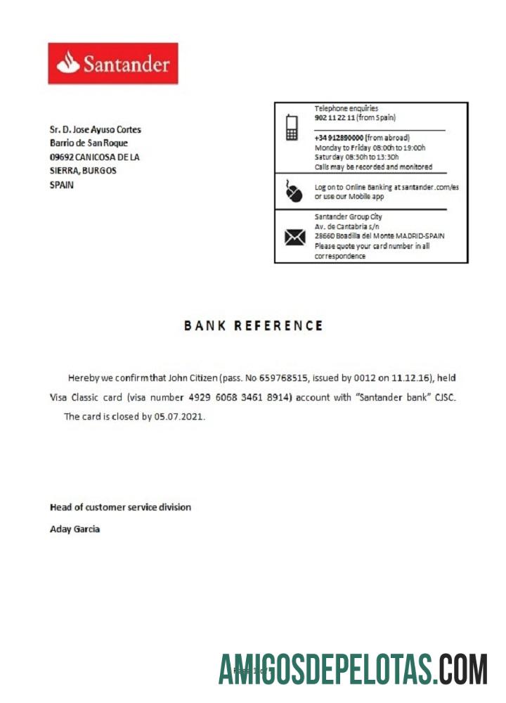 Referência de fechamento do Santander Espanha exemplo real